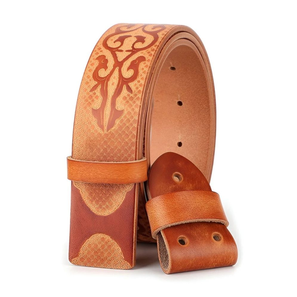 Lanière Ceinture 3.8 cm Cuir Pleine Fleur Motif Ethnique Boucles Interchangeables Modèle Tommy - La Ceinturerie