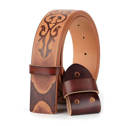 Lanière Ceinture 3.8 cm Cuir Pleine Fleur Motif Ethnique Boucles Interchangeables Modèle Tommy - La Ceinturerie