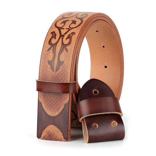 Lanière Ceinture 3.8 cm Cuir Pleine Fleur Motif Ethnique Boucles Interchangeables Modèle Tommy - La Ceinturerie