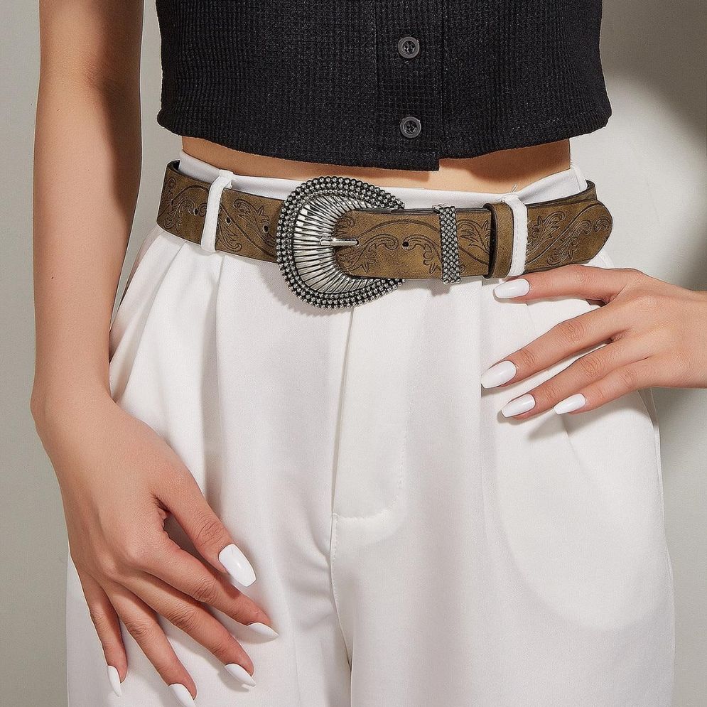 Ceinture à Motif Végétal Boucle Western Modèle Inaba - La Ceinturerie
