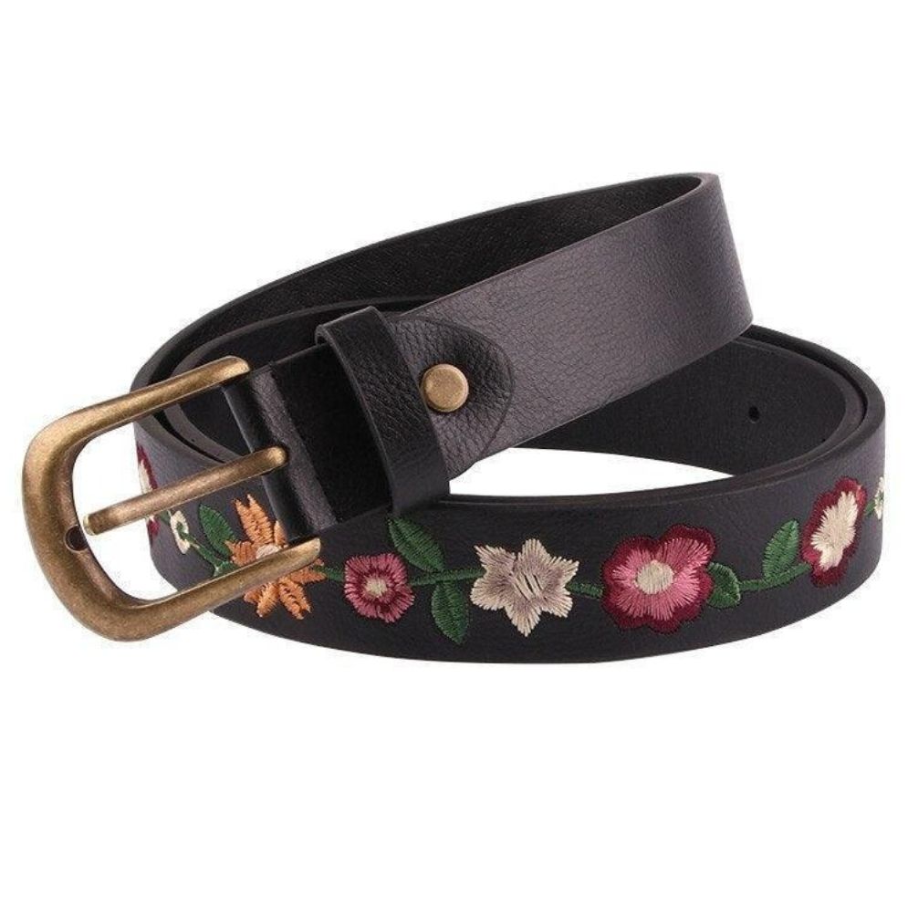 Ceinture en Simili Cuir pour Femme Modèle Gila Noire et fleurs

