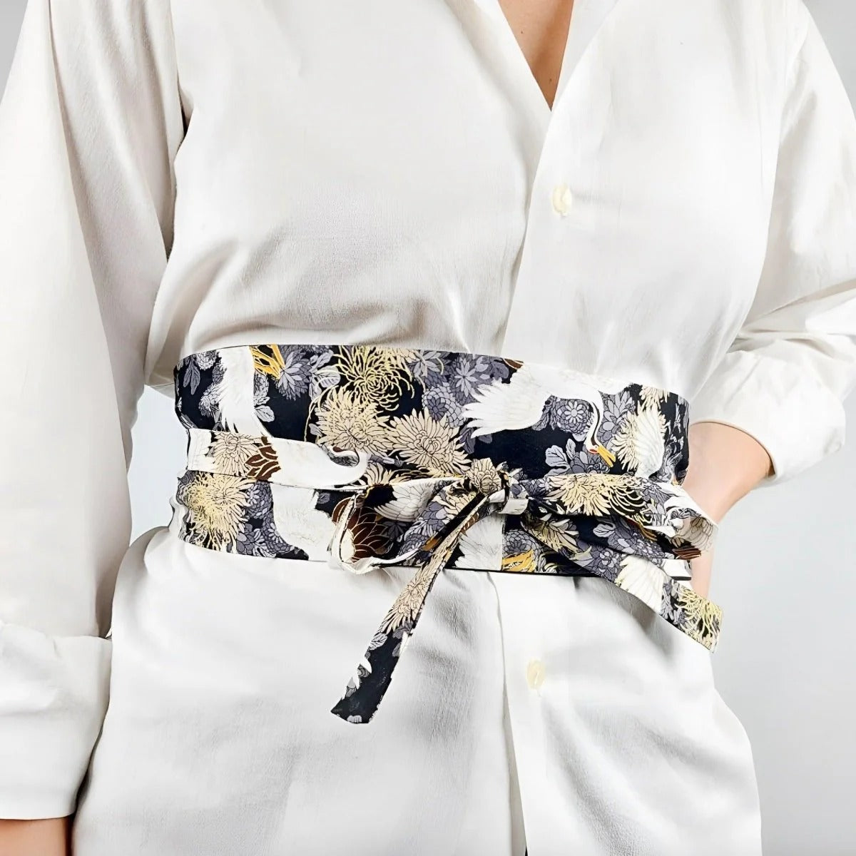 Ceinture Obi à Motifs Grues Chrysantèmes Modèle Pooja - La Ceinturerie