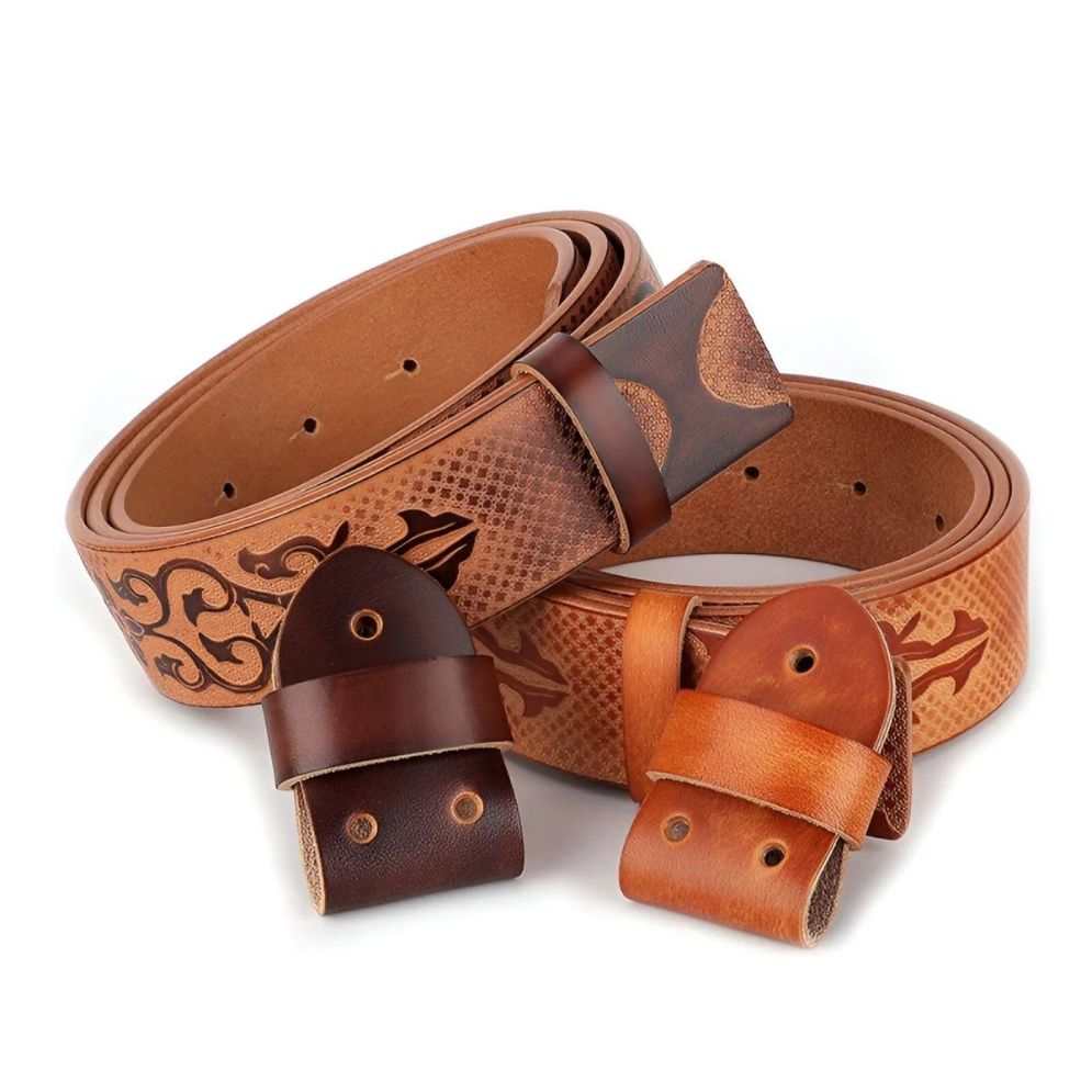 Lanière Ceinture 3.8 cm Cuir Pleine Fleur Motif Ethnique Boucles Interchangeables Modèle Tommy - La Ceinturerie